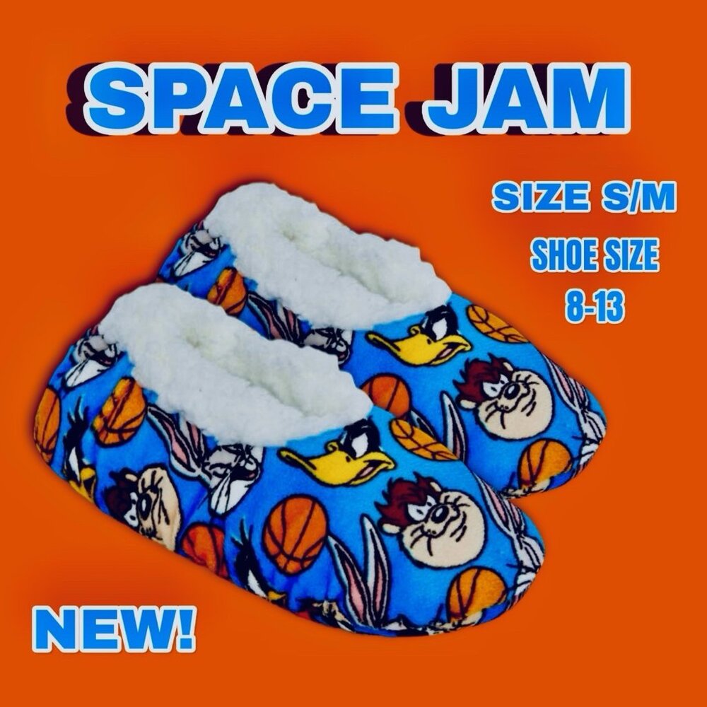 SPACE JAM BUGS TAZ DAFFY DUCK Fuzzy Babba Slippers Size S/M (8-13). NEW! NWT!